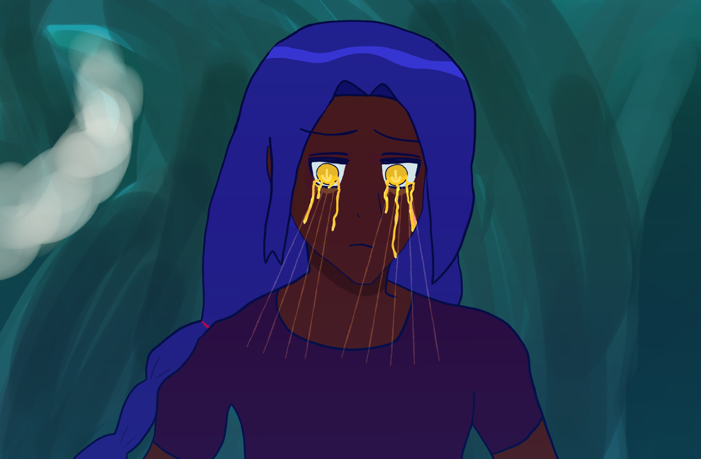 Fernando Chandrani-Rivera with his gold eyes bleeding and rays of golden light spilling from them. He has dark skin, long blue hair that's braided away and partly atop of his shoulder and wears a dark shirt. There's a dark wave behind him.